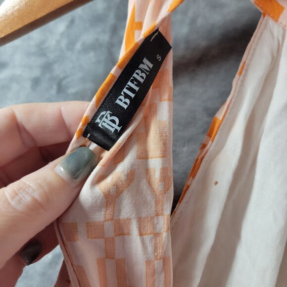 BTFBM‎ Women Orange Geometric Sleeveless Ruffle Hem Mini Dress S Summer Resort - Picture 2 of 11